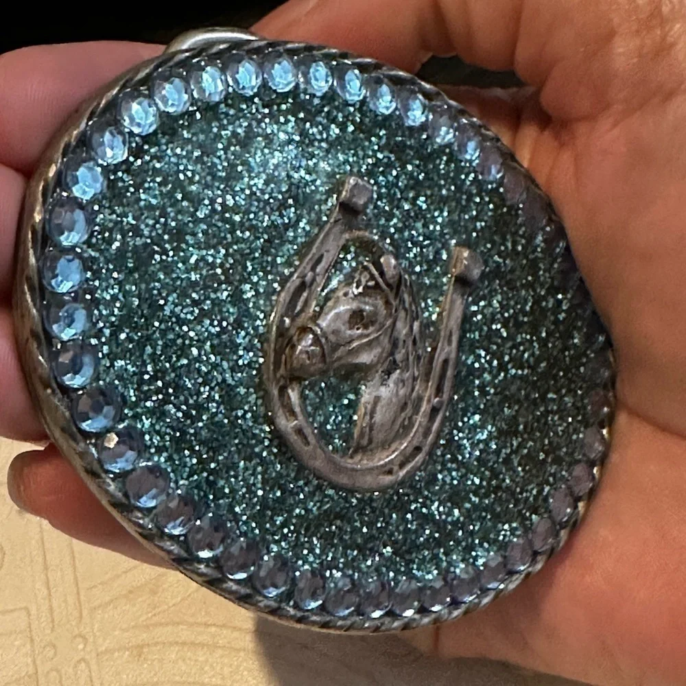 Rubyrudi Artist Western Belt Buckle Hand Crafted OOAK Blue Glitter Glass Rugged
